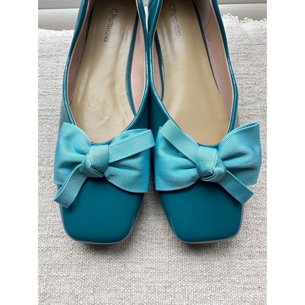C.Paravano Teal Patent Leather Bow Square Toe Flats Shoes Size 39